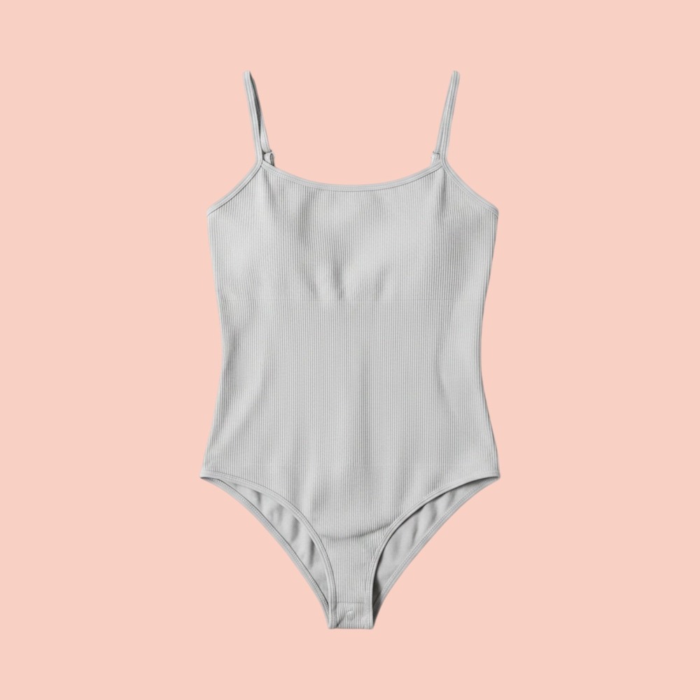OQQ Womens Ribbed Bodysuit Light Gray Adjustable Spaghetti Strap Scoop Neck L